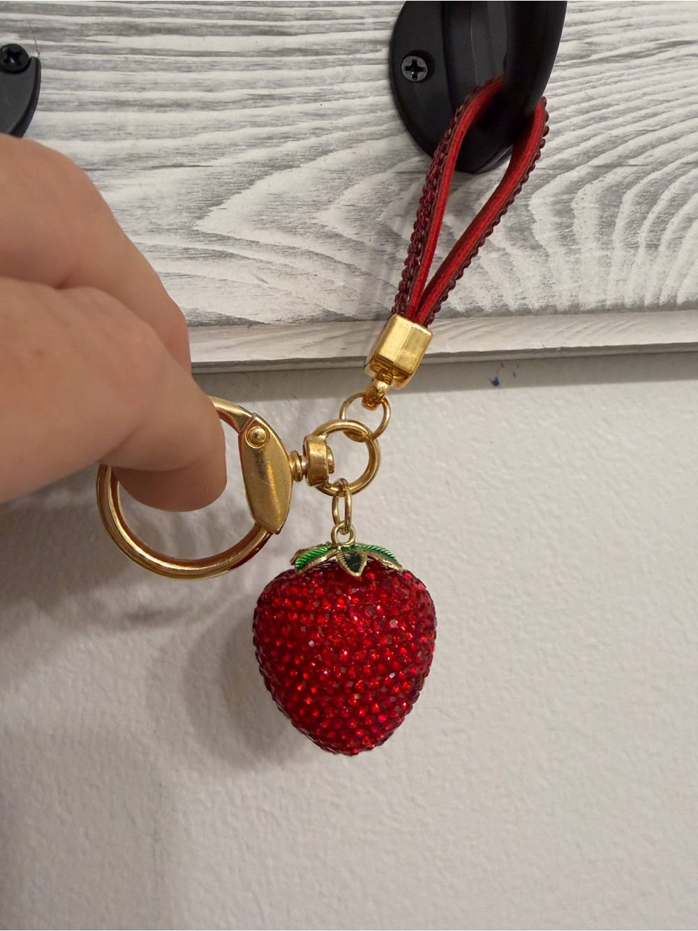 Red Rhinestone Strawberry Keychain with Gold Hardware - Picture 5 of 5